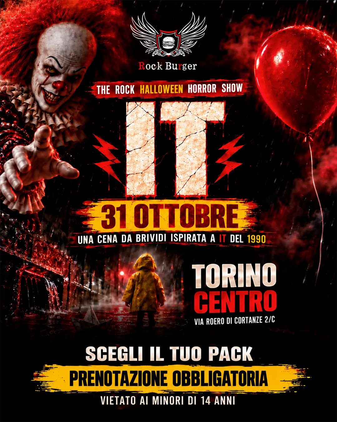 Locandina Halloween 2026 IT: Pennywise, palloncino rosso, 31 ottobre, Rock Burger Torino Centro
