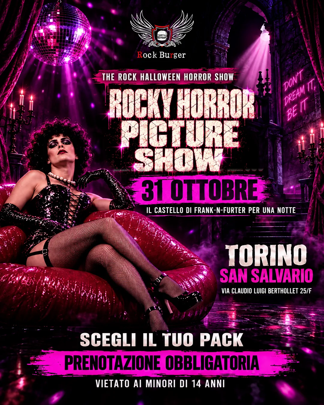 Locandina Halloween 2026 Rocky Horror Picture Show: 31 ottobre, Rock Burger Torino San Salvario